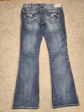 Silver Jeans Low Rise Tuesday Bootcut Stretch Women 33x33 Flap Blue Thick Stitch